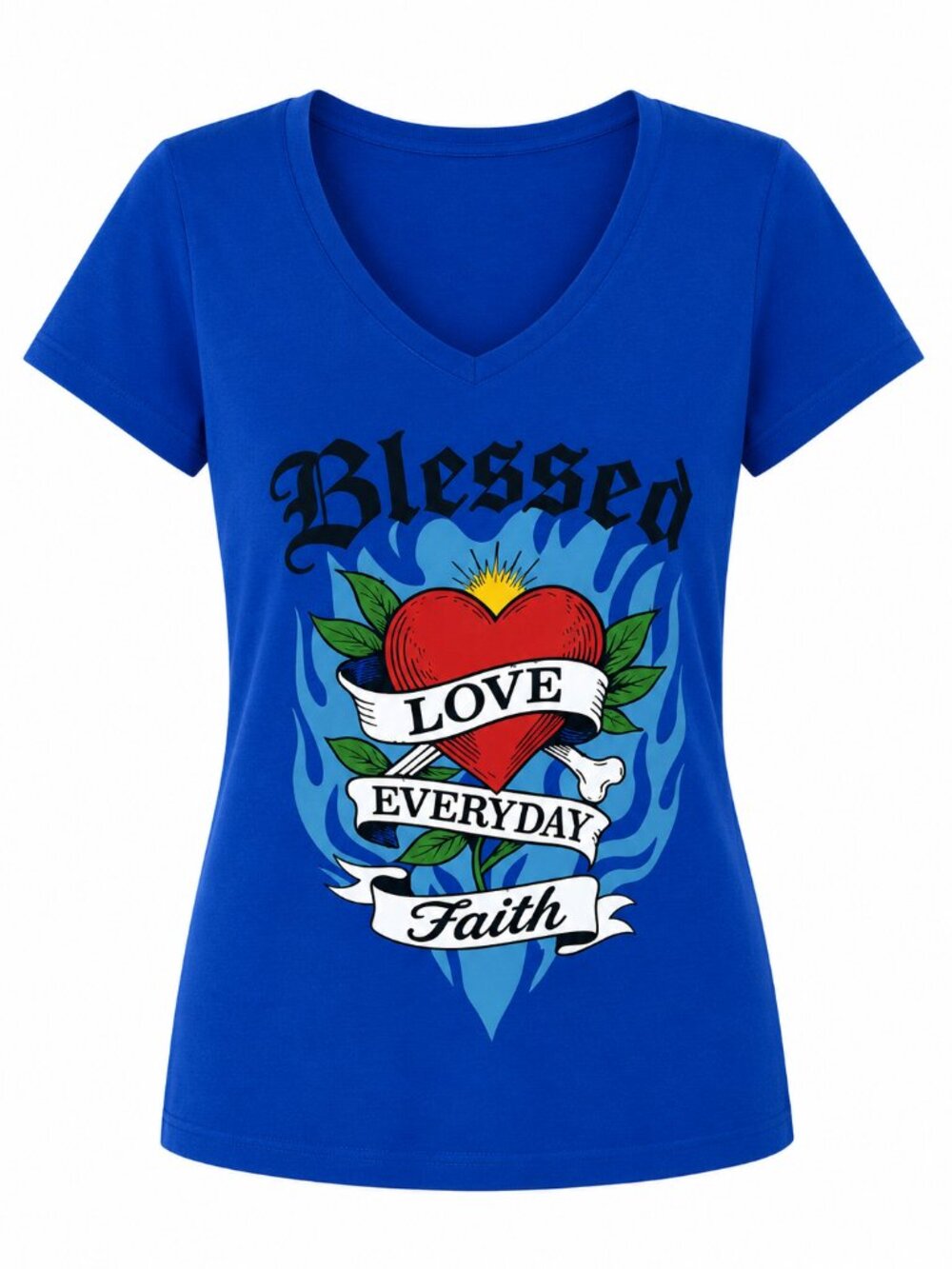 Women's Blessed Love Everyday Faith V-Neck Graphic Blue T-Shirt S-XL